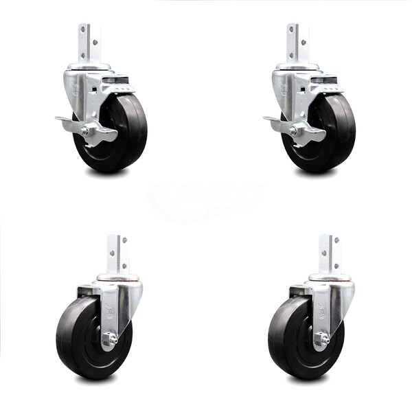 4 Inch Soft Rubber Wheel Swivel 3/4 Inch Square Stem Caster Brakes SCC, 2PK